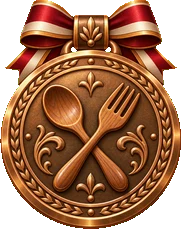 A bronze badge with a crossed fork and spoon