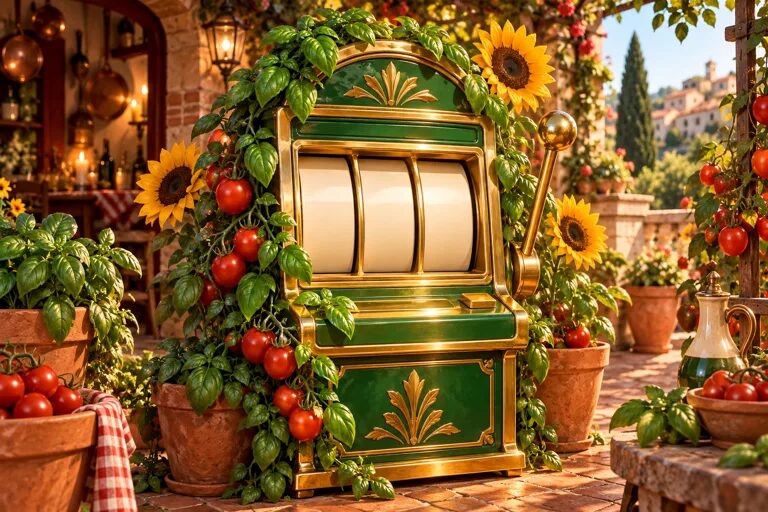 The Nonna's Garden machine: a green cabinet wrapped in tomato vines, basil and sunflowers on a sunny terrace