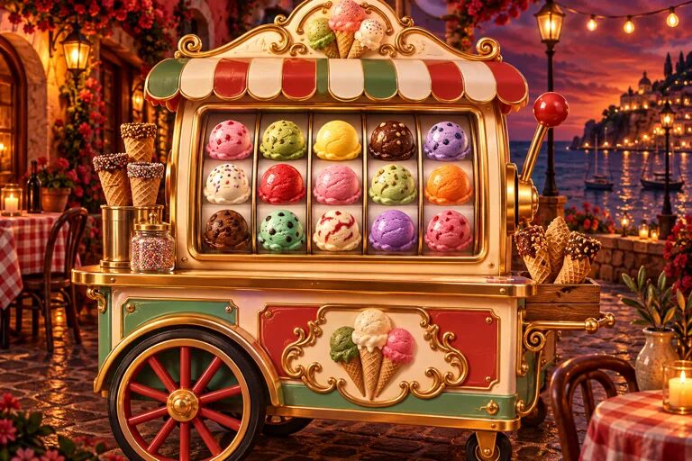 The Gelato Cascade machine: a striped gelato cart whose glass window holds a grid of ice-cream scoops, by the harbour at dusk