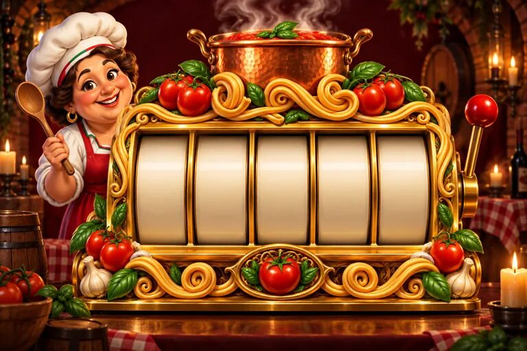 The Pasta Pays machine: five golden reels under a steaming copper pot, with Mama holding a wooden spoon