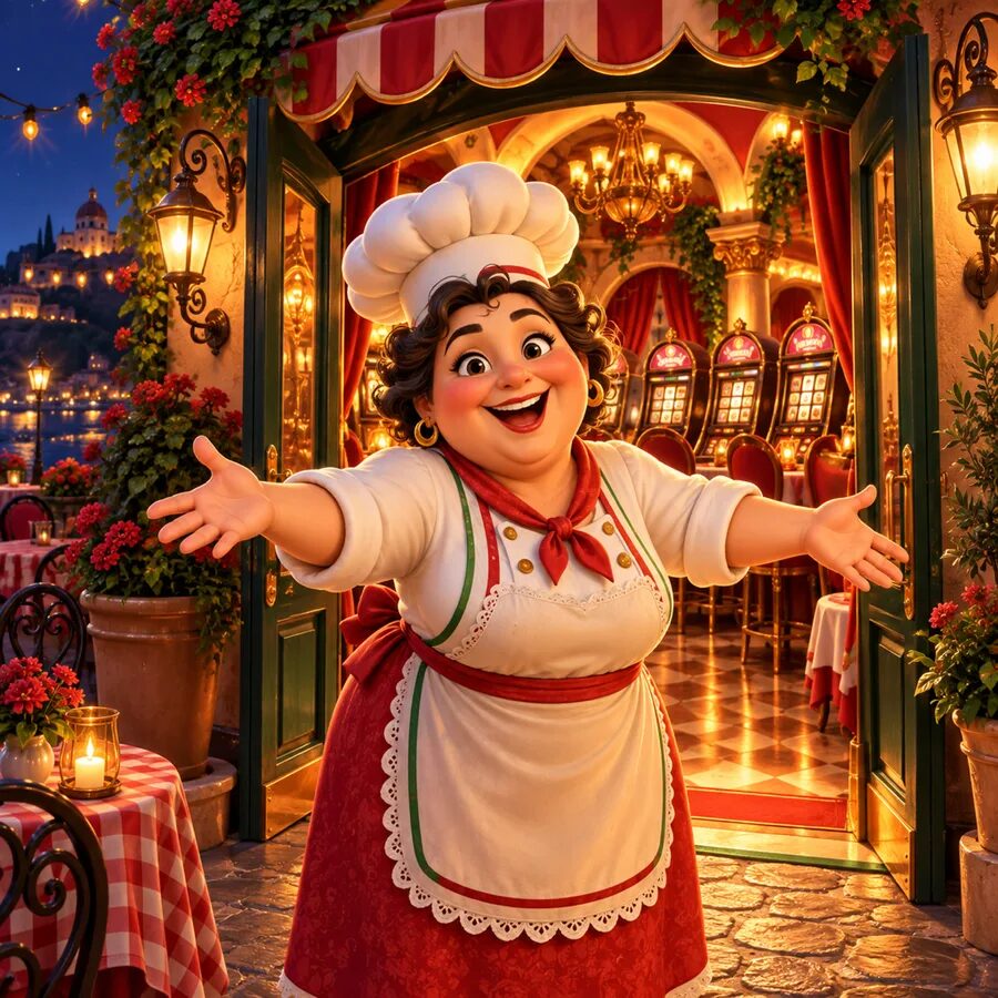 Mama in her chef's hat and apron welcoming you into the trattoria with open arms — onboarding art from Spinmama Casino