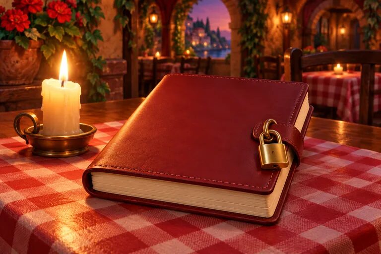 A red leather notebook closed with a small padlock, beside a candle on a gingham tablecloth — privacy art from Spinmama Casino