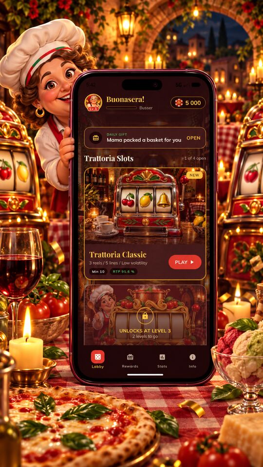 Spinmama Casino lobby on a phone: the Daily Gift banner and the list of trattoria slot machines